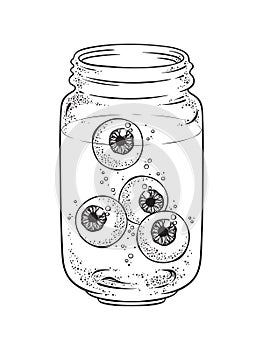 Human eyeballs in glass jar . Sticker, print or blackwork tattoo hand drawn vector illustration
