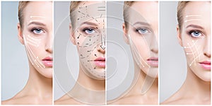 Human face in a collage. Young and healthy woman in plastic surgery, medicine, spa and face lifting concept.