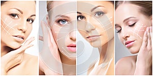 Human face in a collage. Young and healthy woman in plastic surgery, medicine, spa and face lifting concept.