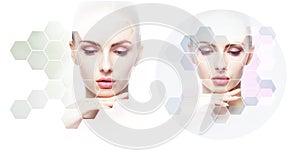 Human face in a collage. Young and healthy woman in plastic surgery, medicine, spa and face lifting concept collection.