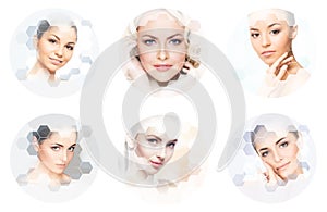 Human face in a collage. Young and healthy woman in plastic surgery, medicine, spa and face lifting concept collection.