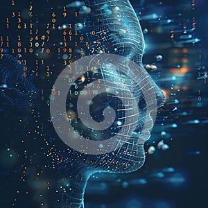 Human face composed digital binary code symbolizing integration technology into our essence amidst deep blue background photo