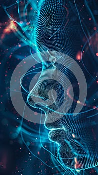 Human face with digital network pattern on dark background, authentication scanning concept