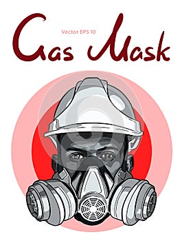Human face with gas mask and hard hat vector sketch