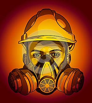 Human face with gas mask and hard hat vector sketch