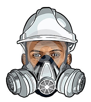 Human face with gas mask and hard hat vector sketch