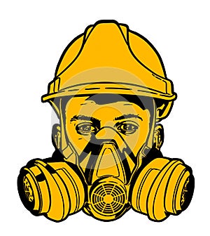 Human face with gas mask and hard hat vector sketch