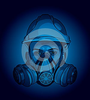 Human face with gas mask and hard hat vector sketch