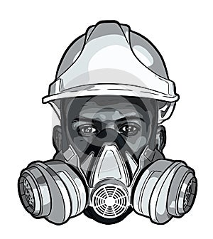 Human face with gas mask and hard hat vector sketch