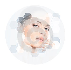 Human face in honeycomb. Young and healthy girl in plastic surgery, medicine, spa and face lifting concept.