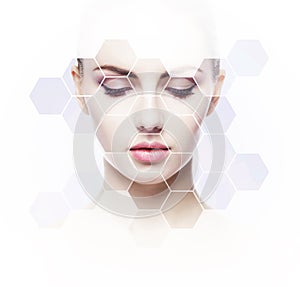 Human face in honeycomb. Young and healthy woman in plastic surgery, medicine, spa and face lifting concept. photo