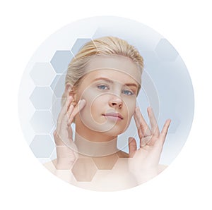 Human face in honeycomb. Young and healthy woman in plastic surgery, medicine, spa and face lifting.