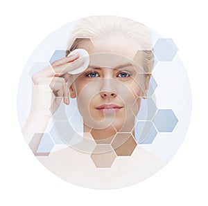 Human face in honeycomb. Young and healthy woman in plastic surgery, medicine, spa and face lifting.