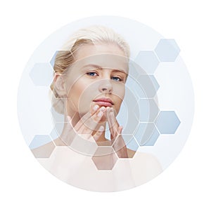 Human face in honeycomb. Young and healthy woman in plastic surgery, medicine, spa and face lifting.