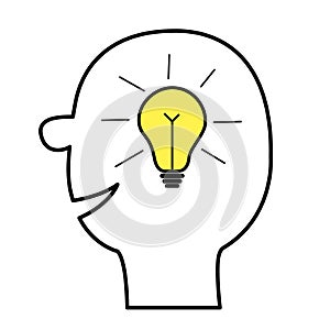 Human face icon. Black line silhouette. Idea light bulb in the head inside brain. Shining effect. Thinking process. Yellow switch