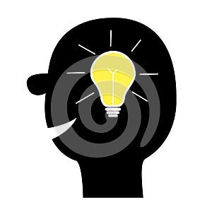 Human face icon. Black silhouette. Idea light bulb in the head inside brain. Shining effect. Thinking process. Yellow switch on