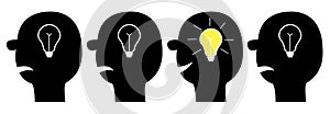 Human face icon set. Black silhouette. Idea light bulb in the head inside brain. Shining effect. Thinking process. Yellow switch