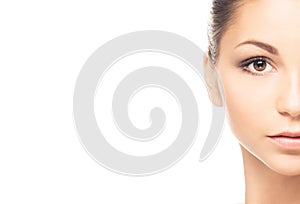 Human face isolated on white background. Spa portrait of beautiful, fresh and healthy woman.