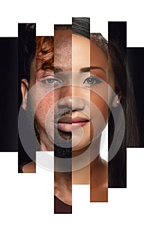 Human face made from different portrait of men and women of diverse age, gender and race. Combination of faces.