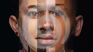 Human face made from different portrait of men and women of diverse age and race. Combination of faces.