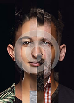 Human face made from different portrait of men and women of diverse age and race. Combination of faces.