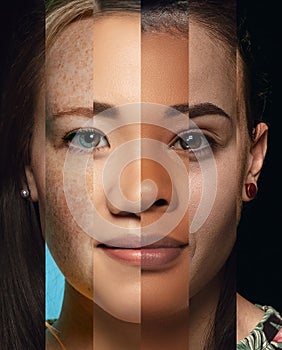 Human face made from different portrait of men and women of diverse age and race. Combination of faces.