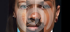 Human face made from different portrait of men and women of diverse age and race. Combination of faces. Friendship