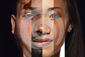 Human face made from different portrait of men and women of diverse age and race. Combination of faces. Humanity