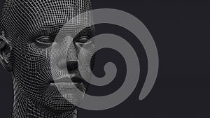 Human face mesh, futuristic cyber metal head, digital technology, smart machine concept, artificial intelligence, 3d render illust