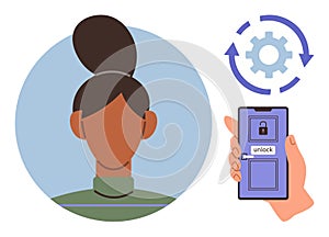Biometric Face ID and Phone Unlock with Security Gear Symbol Representing Authentication Process