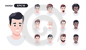 Human faces set. Man hair collection. Character face elements. Emotions: smiling, screaming. Cute cartoon people. Simple cartoon