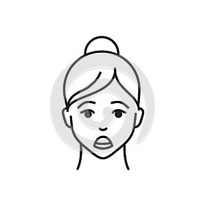 Human feeling horor line black icon. Face of a young girl depicting emotion sketch element. Cute character on white background