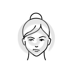 Human feeling suspicion line black icon. Face of a young girl depicting emotion sketch element. Cute character on white background