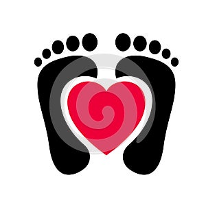 Human feet black silhouette heart shape centered vector. Footprint with toes icon.