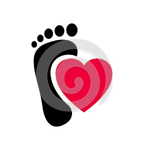 Human feet black silhouette heart shape centered vector. Footprint with toes icon.