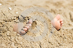 Human feet buried in sand. Summer beach.