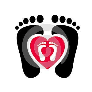 Human feet red and black silhouette with inside heart shape feet vector. Footprint with toes icon.