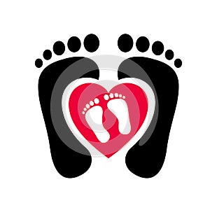 Human feet red and black silhouette with inside heart shape feet vector. Footprint with toes icon.