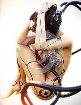 Human female cyborg robot in stasis.