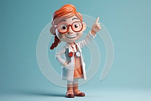 Human female doctor cartoon character with stethoscope, looking at camera. Clip art isolated on blue background