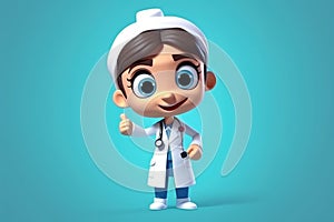 Human female doctor cartoon character with stethoscope, looking at camera. Clip art isolated on blue background