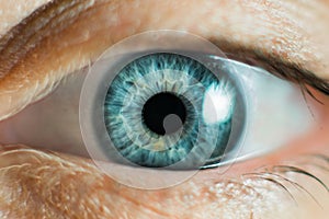 Human Female eye macro. Closeup shot of female gray - blue colour eye with day