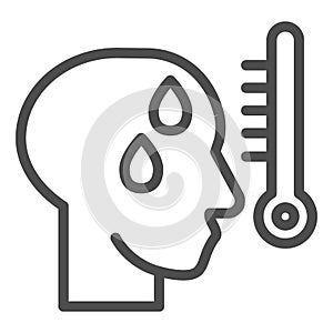 Human with fever line icon. Man head with high temperature on thermometer outline style pictogram on white background