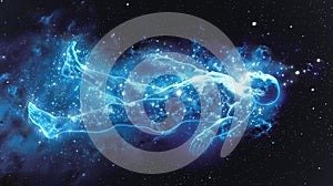 A human figure floats in a luminous space, symbolizing the fusion of biotech and cosmic exploration photo