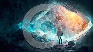 human figure in large glowing crystal cave, neural network generated art