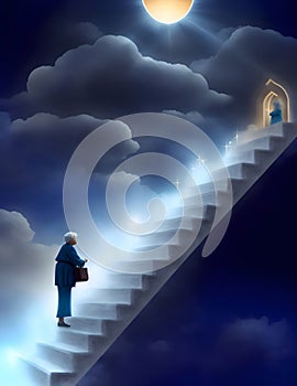 the human figures ascend a stairway of clouds to reach the heaven.