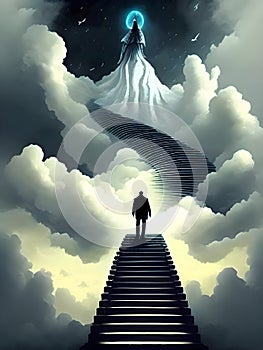 the human figures ascend a stairway of clouds to reach the heaven.