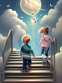 the human figures ascend a stairway of clouds to reach the heaven.