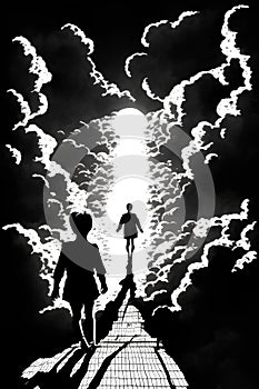 the human figures ascend a stairway of clouds to reach the heaven.