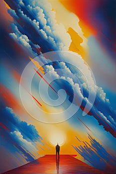 the human figures ascend a stairway of clouds to reach the heaven.